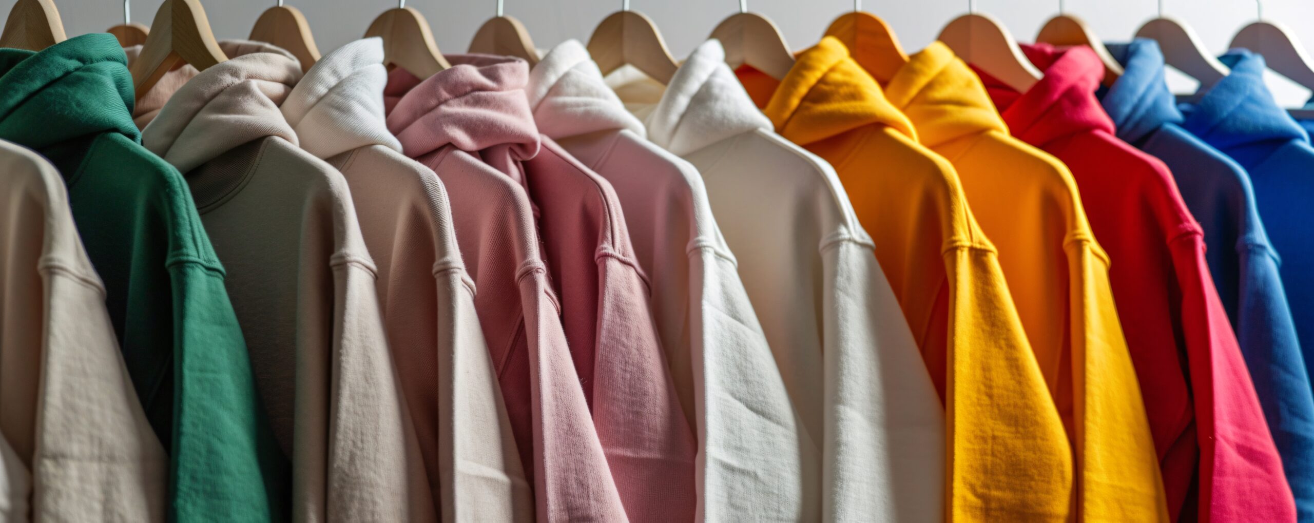 Row of colorful hoodies hanging on wooden hangers
